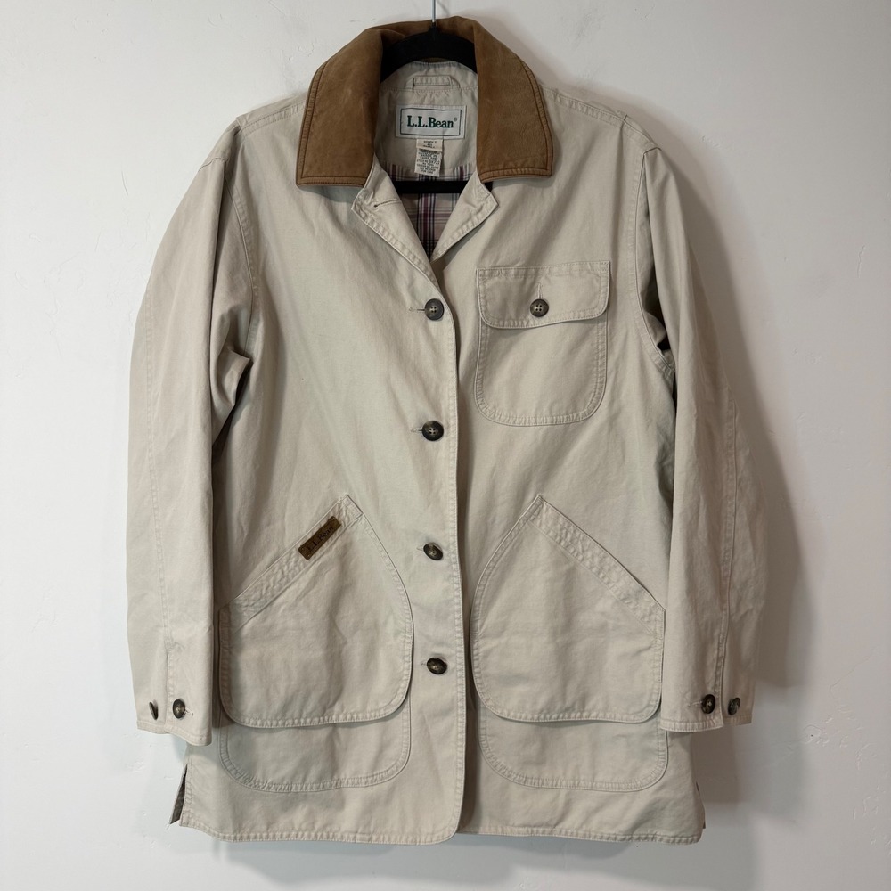LL Bean Womens Vintage Barn Jacket Chore Small Tan Cream Leather Collar OX722